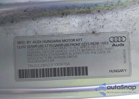 2003 Audi Tt 1.8L z USA, uszkodzony, nr VIN TRUSC28N231009704